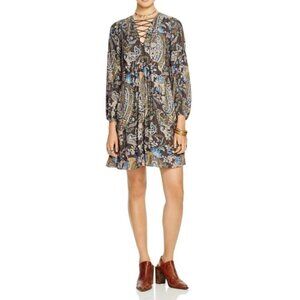 Free People Rain or Shine Printed Peasant Lace Up Neck Line Mini Dress XS